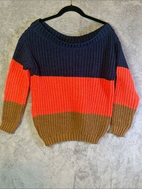 Chunky Colorblock Crewneck Sweater - Navy, Orange, Brown
